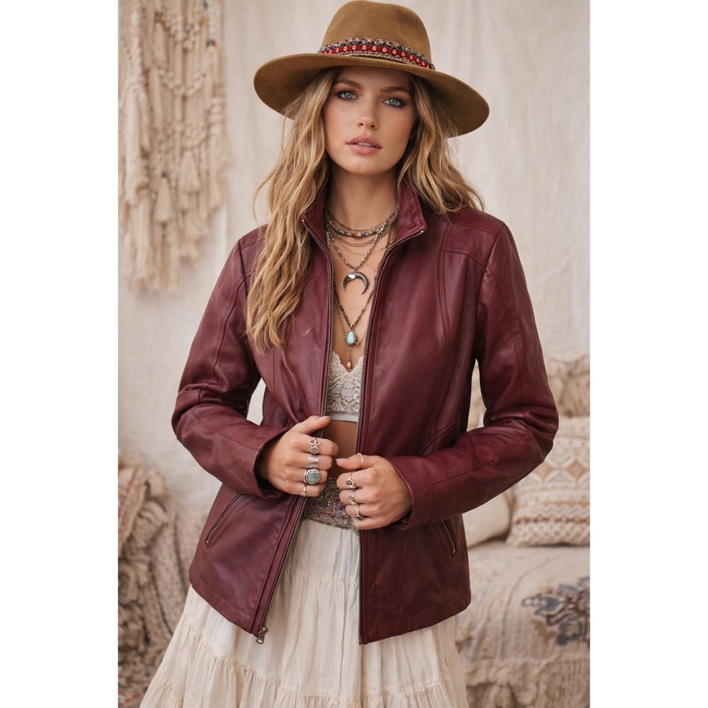 Covington Genuine Leather Burgundy Moto Jacket Women's XL Zip Front Floral Lined